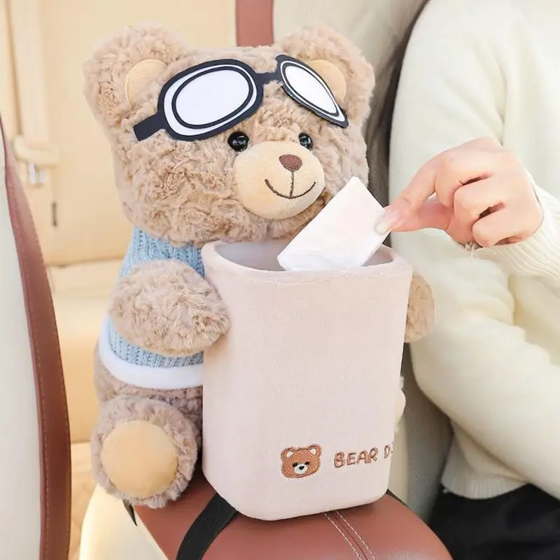 Suporte de Lenços para Carro e Lixeira de Pelúcia 2 em 1, Impermeável, com Desenho de Urso, para Carro e Local de Trabalho