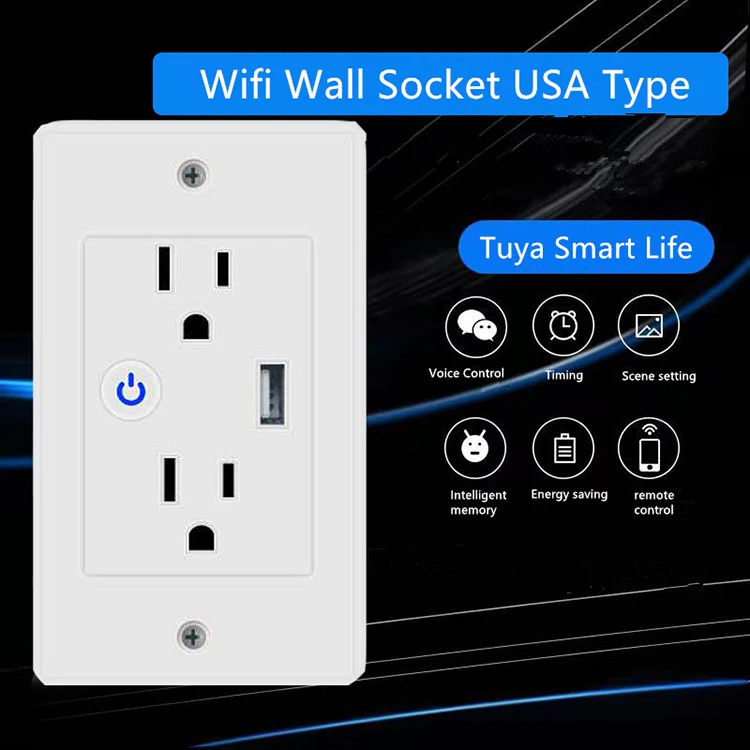 TYSH Tuya Smart Touch Electrical Switch Socket Us Standard Socket 2 Outlet Usb Tuya Smart Life App Wifi Wall Socket