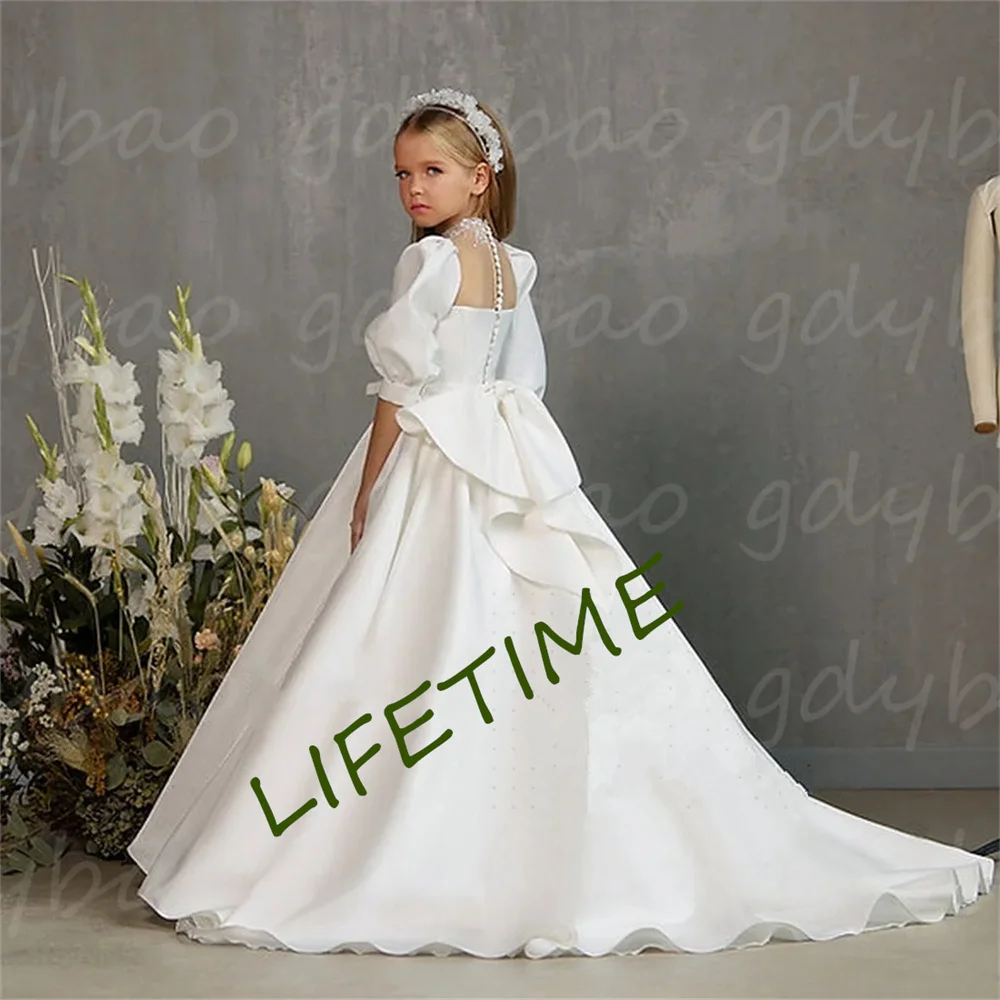 Weiße Blume Mädchen Kleid Tüll flauschige Perlen Spitze Applikation für Hochzeits kind erste eucharis tische Geburtstags feier Kleid Mädchen Geschenk