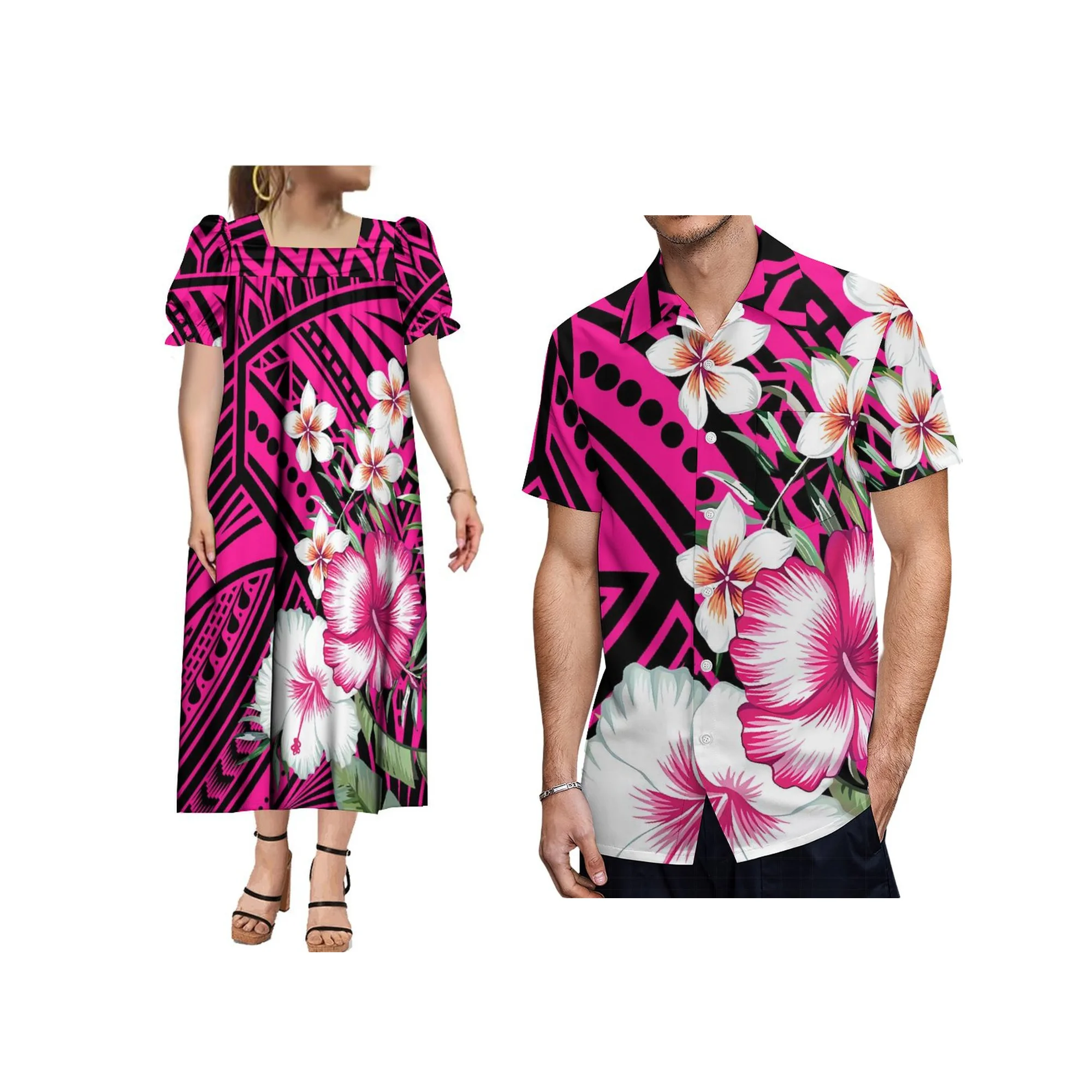 Novo Vestido Casual Feminino com Estampa Polinésia Ilhas do Havai, Decote Quadrado e Mangas Bufantes, Vestido Mumu Micronésio com Logotipo Personalizado