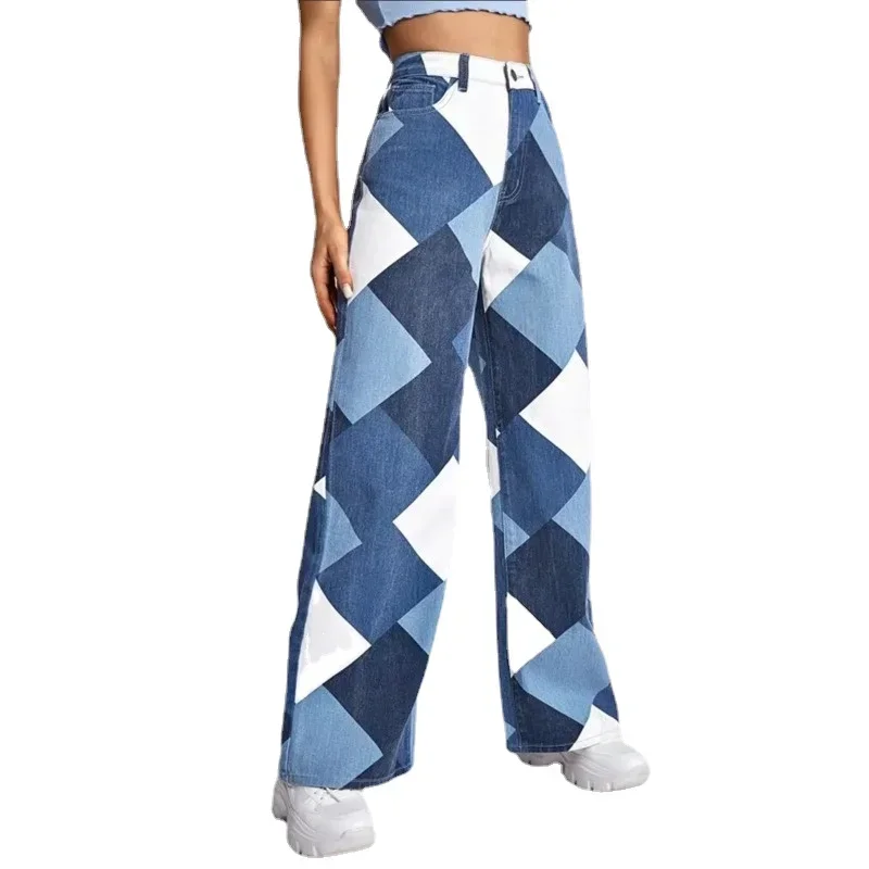 

Womens Multi Color Stitching Printed Pants Straight Tube Printed Long Trousers Checkered Loose and Slim Wide Leg Pants