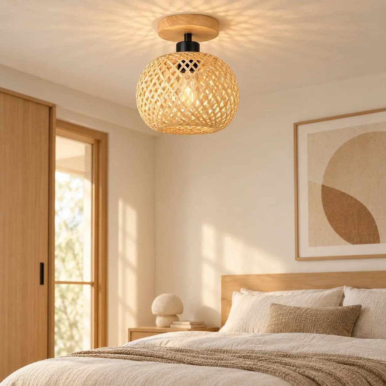 JOYINLED Bamboo Lamp Shade for Ceiling Light, Hand-Woven Rattan Pendant Shade, Boho Wabi Sabi Natural Basket Lampshade Cover