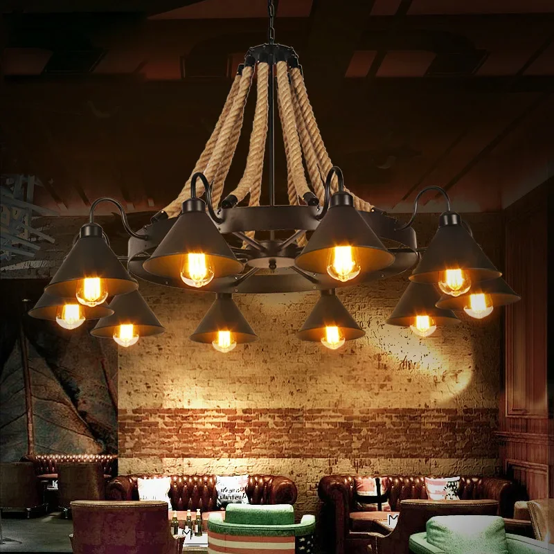 

Retro Industrial Hemp Rope Chandelier Loft Restaurant Clothing Shop Barber Shop Cafe Creative Bar Hotel Iron Pendent Light