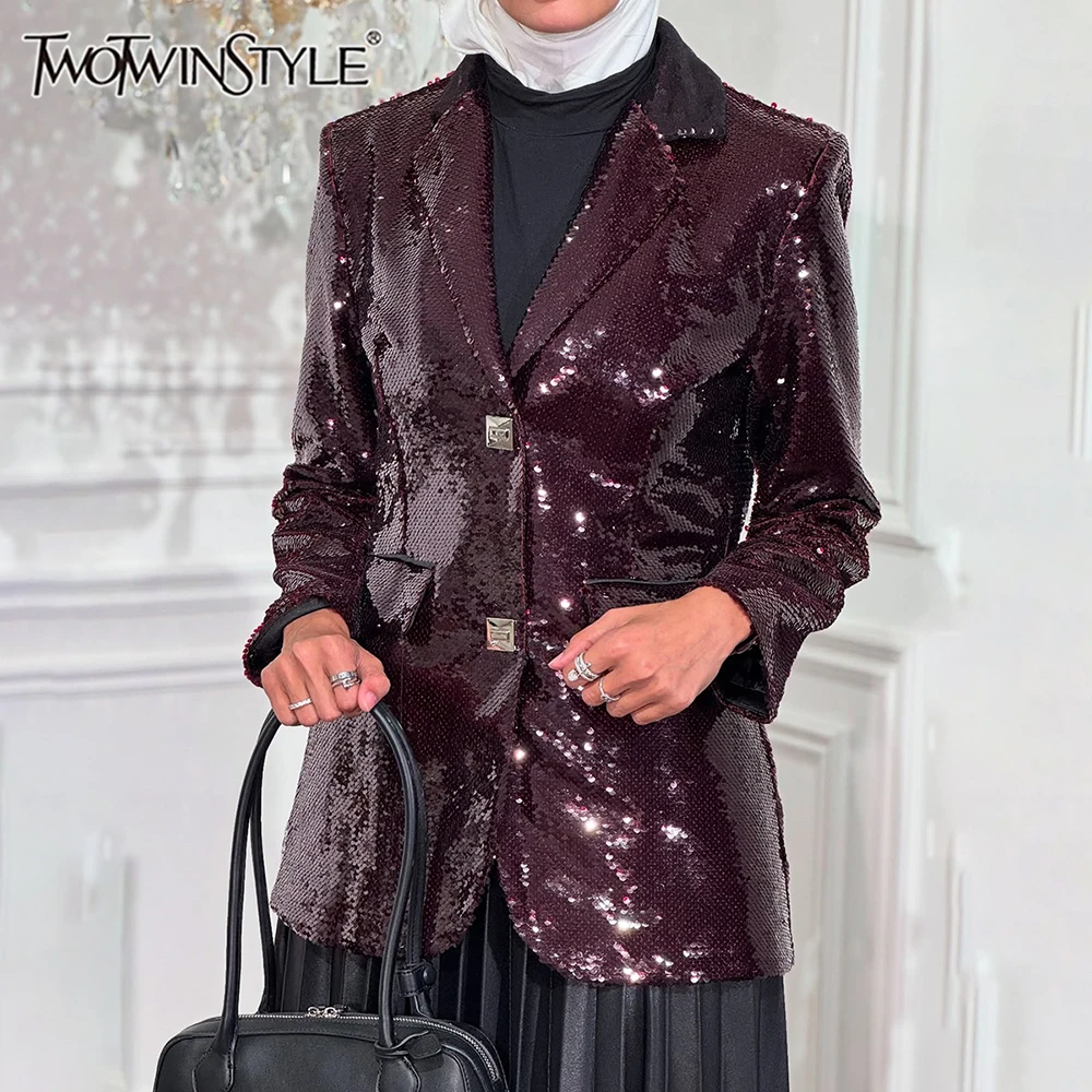 

TWOTWINSTYLE Solid Slimming Spliced Sequins Blazer for Women Lapel Long Sleeves Patchwork Pockets Coat Female Fashion Clothing