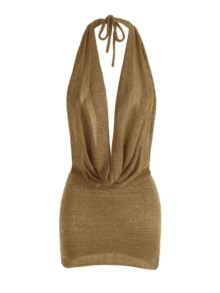 Vestido Sexy apilado con cuello en V y espalda descubierta para mujer, minivestido tejido con cuello Halter, coqueta, fiesta de música baja, Rave Club, traje de vacaciones