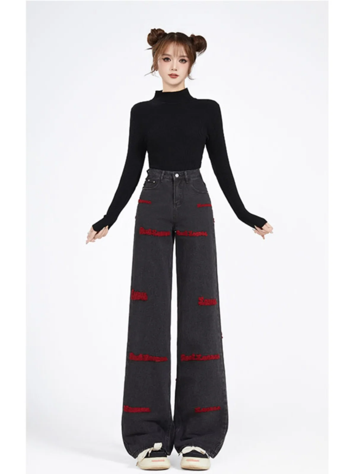 

Retro American Embroidered Wide Leg Jeans High Waist Slimming Loose Drapey Pants Autumn Faion Women's Premium Denim