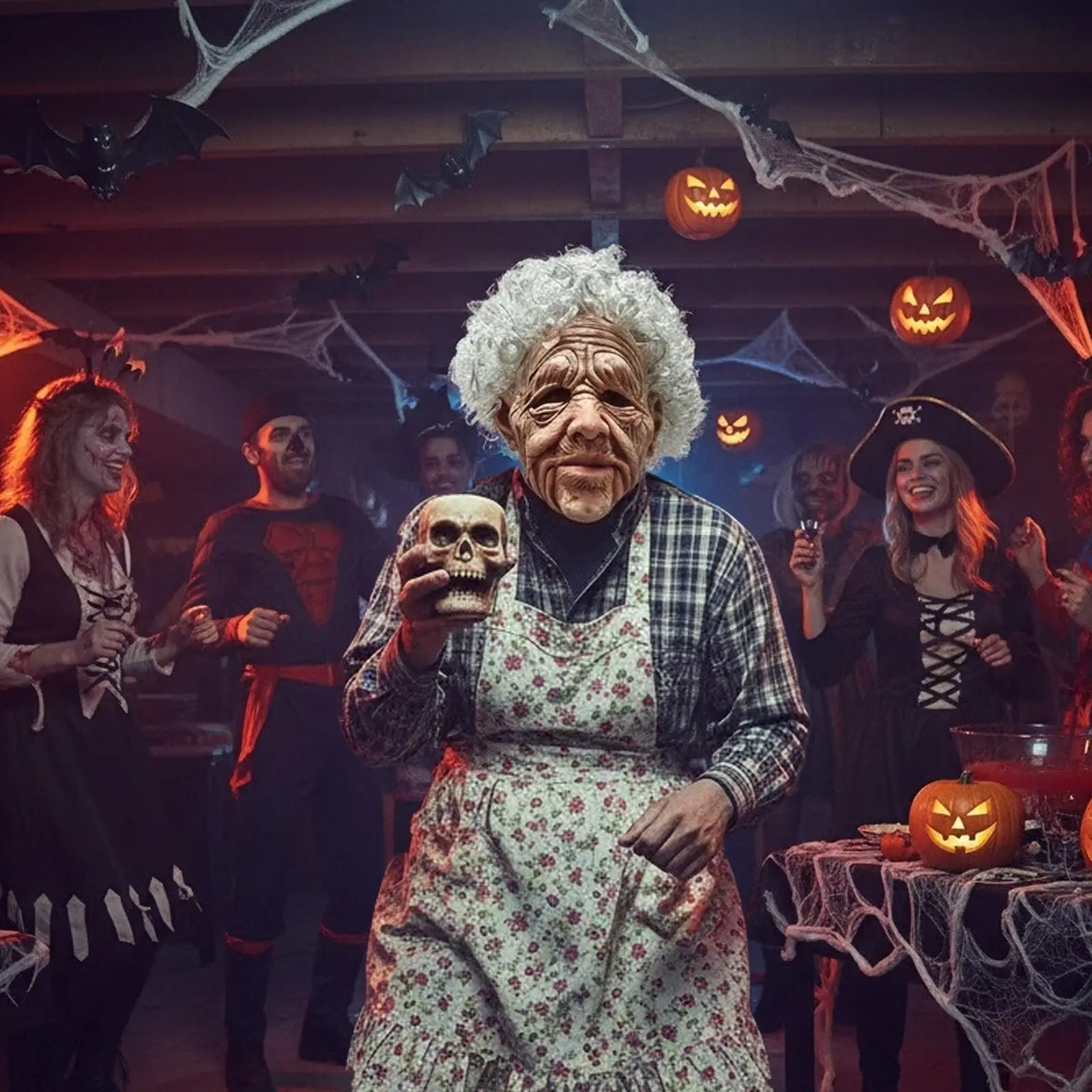 قناع المرأة العجوز واقعي مخيف الجدة سيدة عجوز مخيفة مع شعر مستعار متجعد زي الهالوين التنكري الدعائم للبالغين