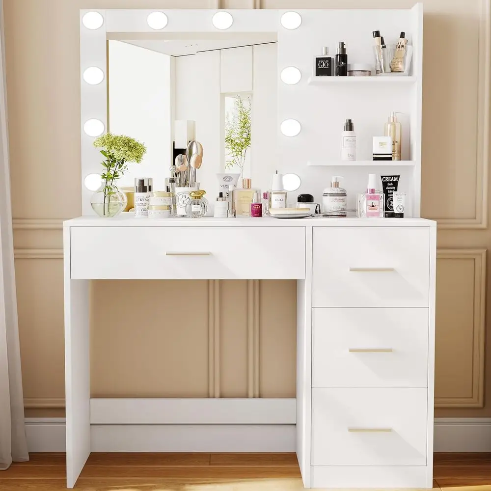 Tocador Rovaurx con Espejo y Luces, Mesa de Maquillaje con Estantes de Almacenamiento y 4 Cajones, Mesa de Tocador para Dormitorio, 10 Luces LED