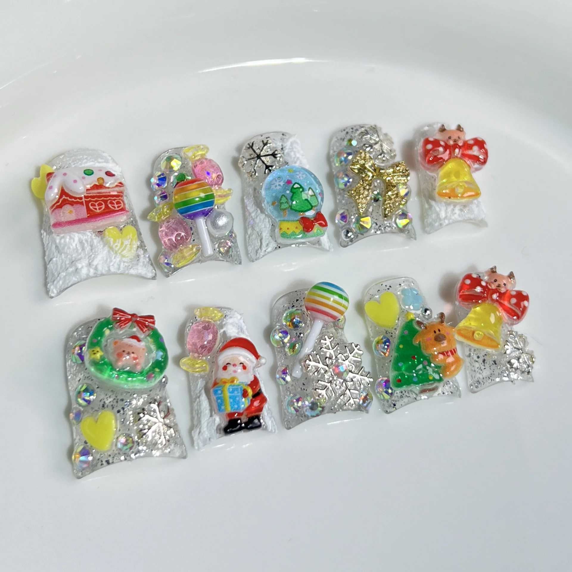 10szt Kolorowe ręcznie robione sztuczne paznokcie w stylu francuskim Błyszczący diament Wiśniowa gwiazda Lolipop Butterfly Press On Nails Sweet Cool False Nail