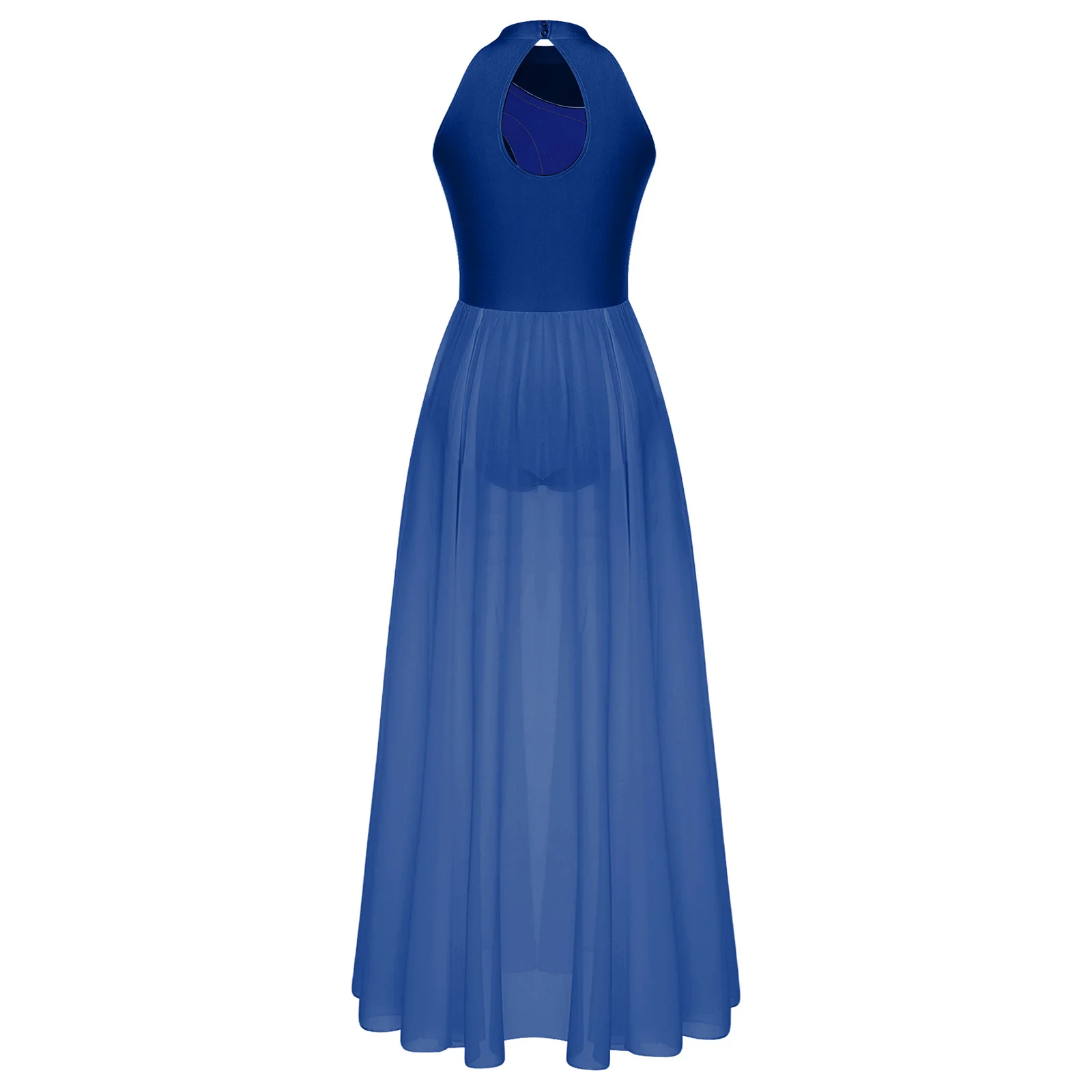 ‌ فستان رقص غنائي رشيق من الشيفون للنساء برقبة وهمية وأزرار ضغط بدون أكمام للعروض المعاصرة