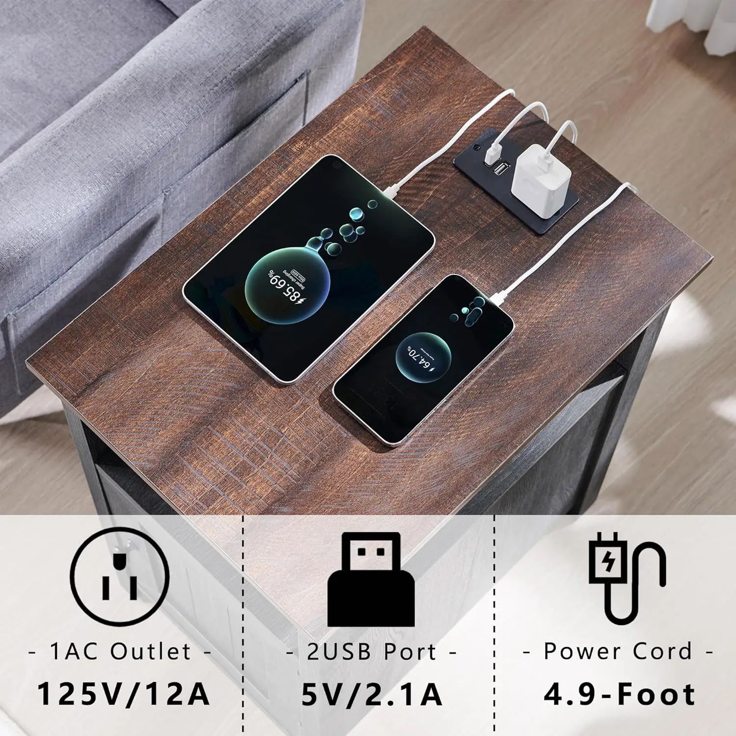 Farmhouse Nightstand Set of 2, Rustic Side Table with Charging Station, Barn Door & Open Shelves, Dark Grey