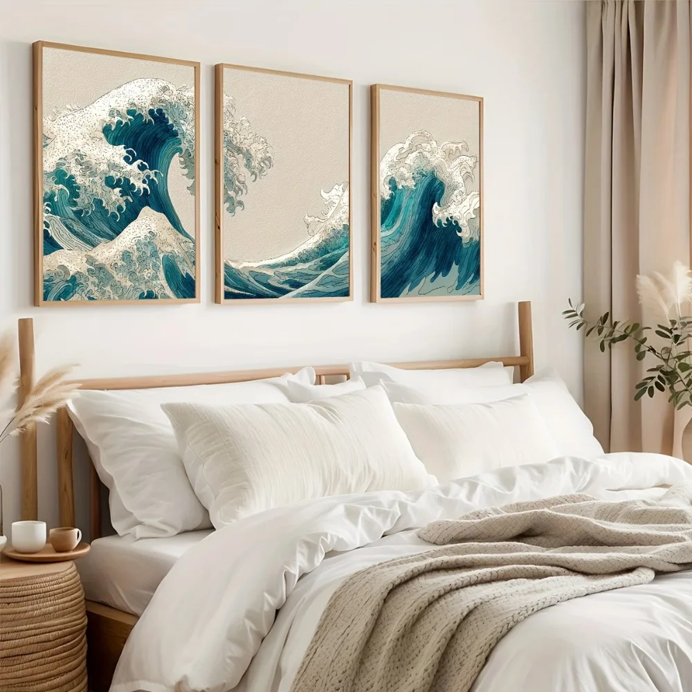 3pcs Frameless Japanese Quiet Wave Triptych Abstract Coastal Landscape Poster Decor,Blue Nautical Decor,Zen Beach Home Printing