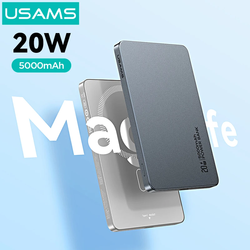 

USAMS Magnetic Wireless Power Bank 5000mAh PD 20W Fast Charging for iPhone 16 15 14 Portable Aluminium Alloy Powerbank for Phone