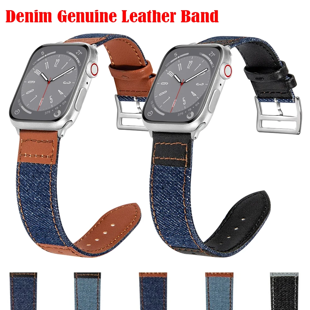 Denim Genuine Leather Band For Apple Watch Strap iWatch Series 8 7 SE 6 5 Ultra 44mm 45mm 49mm 42mm 41mm 40mm 38mm Bracelet Band