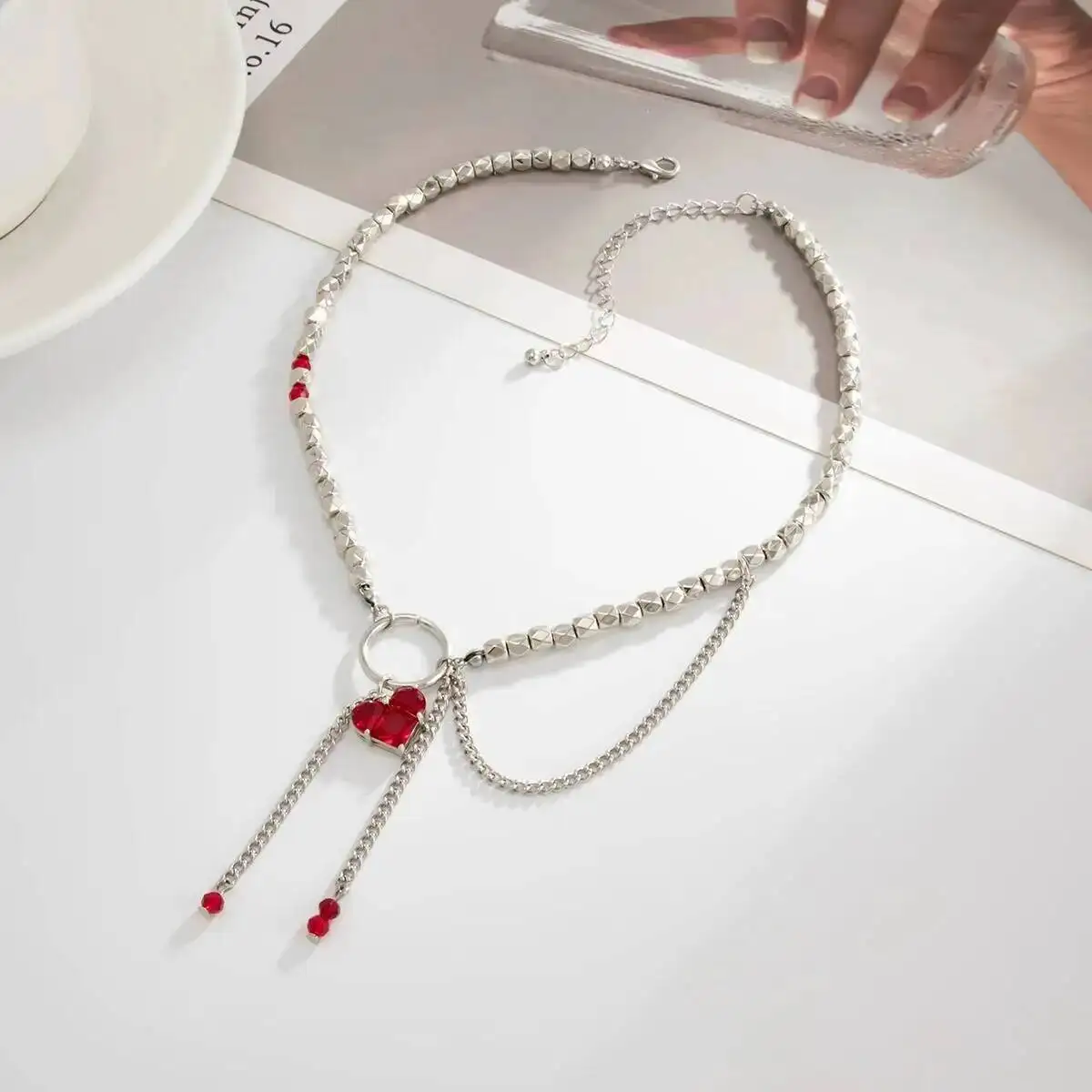 

IngeSight.Z Goth Red Love Heart Acrylic Rhinestone Pendant Necklace Women Vintage Irregular CCB Beads Clavicle Chain Jewelry