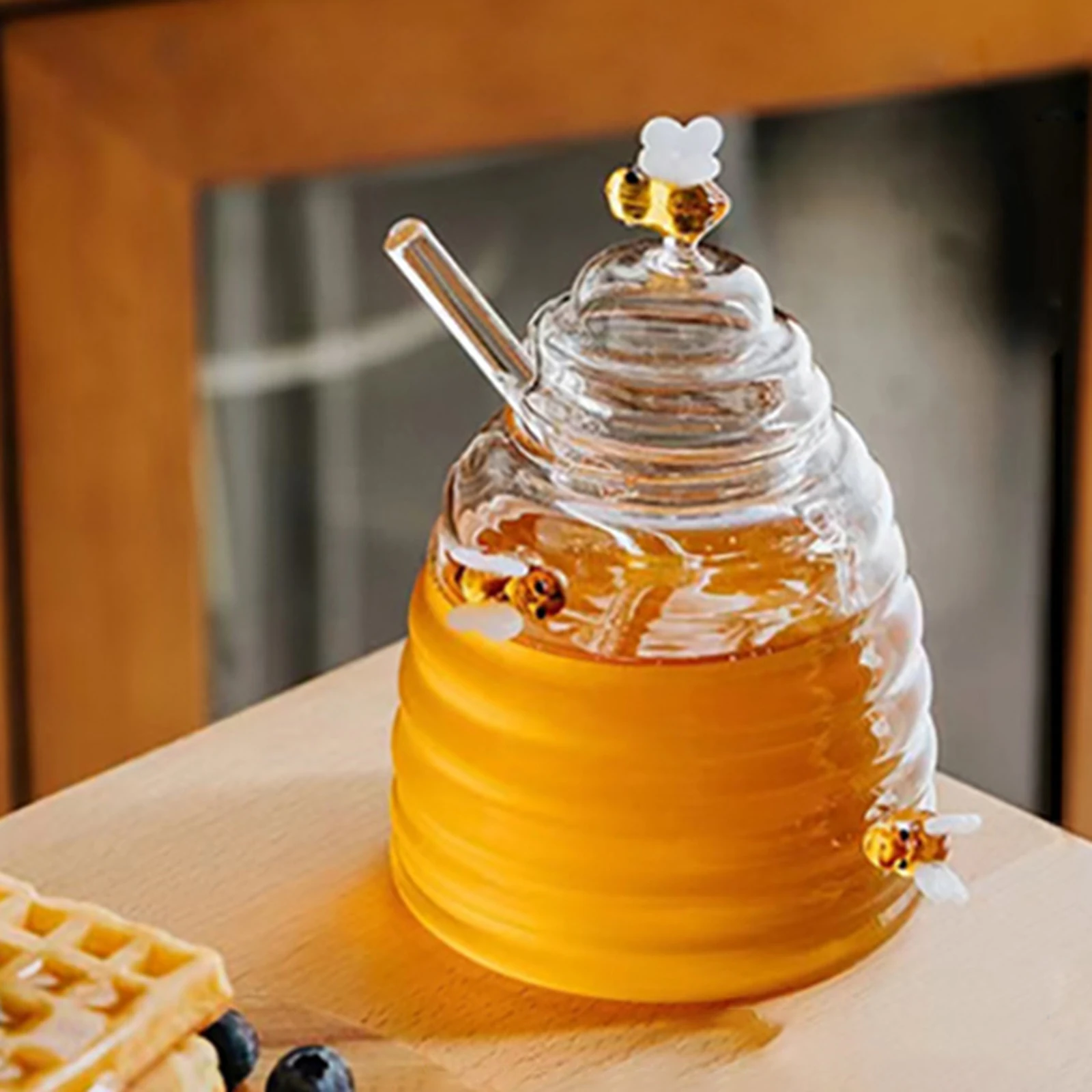 Honey Jar Honey Dispenser with Stirring Rod and Lid Clear Honey Jar Glass Honey Storage Container Kitchen Cooking Accessories