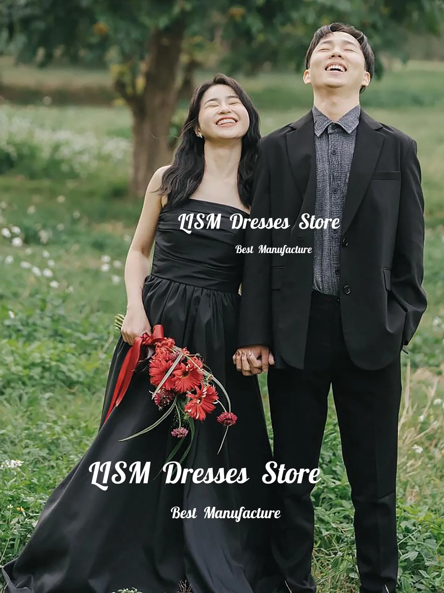 Lism Elegant Black Wedding Dress Strapless Satin Sweep Train A-Line Korea Photo shoot Bridal Reception Gown Customized 2026
