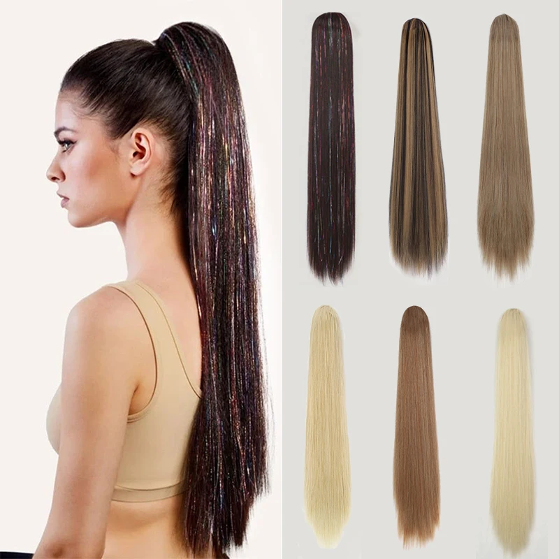 

Long Straight Drawstring Ponytail Ombre Blonde Black Natural Hairpiece for Women 30inch Synthetic Clip in Horse Tail Extension