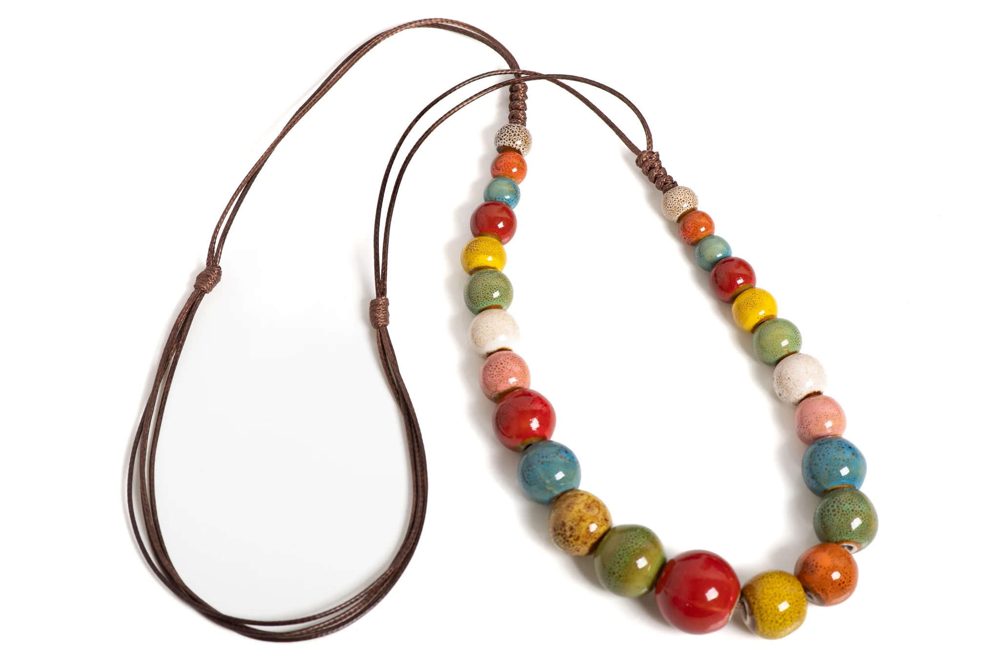 Multicolor Handmade Ceramic Necklace Adjustable 40-80cm, Bohemian Beaded Jewelry with 18mm Beads for Layering & Festivals 1128