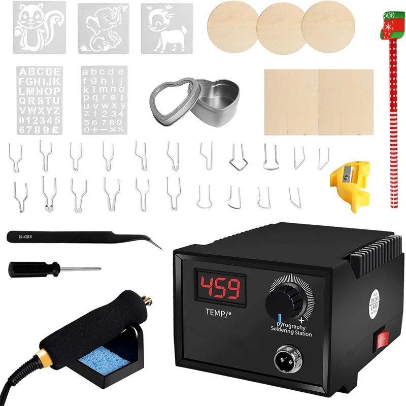 Pyrography Machine Set 60W LCD Wood Burner tool Temperature Adjustable with 21 Pyrography Wire Tips for Wood Leather Gourd