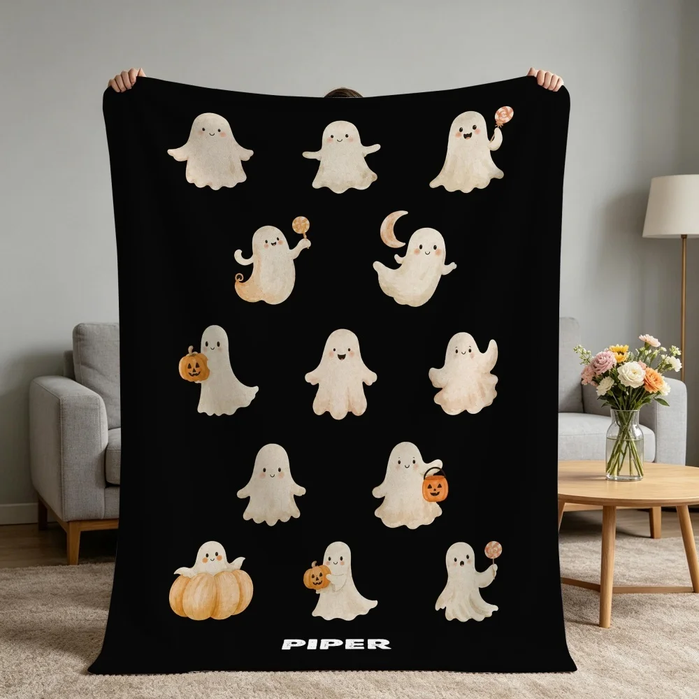 Personalized Custom Name Halloween Flannel Blanket, Multi‑Color Options Cute Ghost Pumpkin Moon Print Blanket Fall Home Decor
