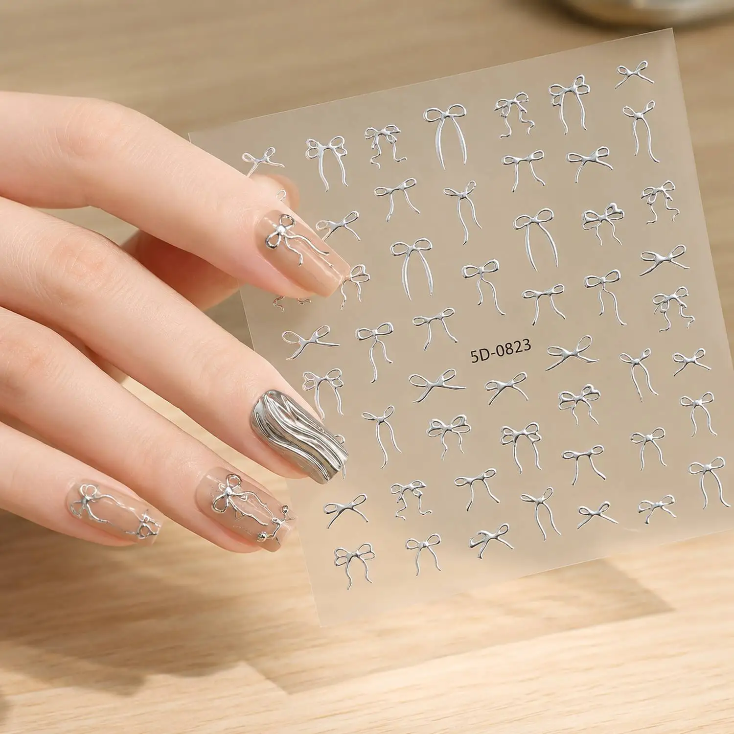 1Pc Silver Glitter Bow Trendy Nail Art Sticker Floral Pattern Waterproof Nail Decal Photo Shoot Stylish Nail Slider