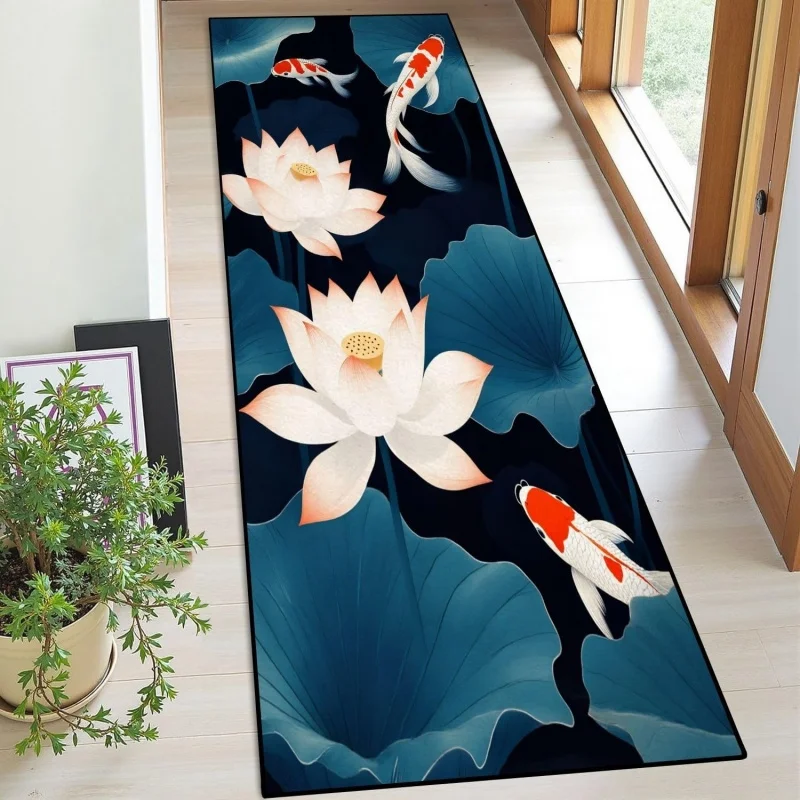 Lotus Koi Fish Runner Rug Vintage Oriental Water Lily Carp Pattern Non Slip Carpet Aesthetic Asian Mat Kitchen Zen Home Decor