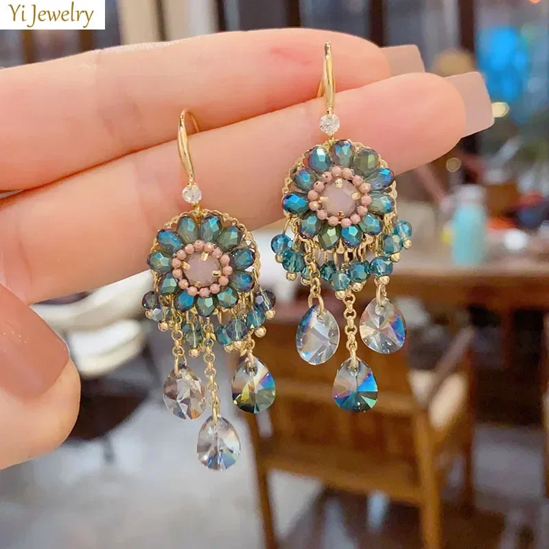 Crystal Drop Earrings for Women Bohemian Summer Spring White Green Water Drop Dangle Earrings Dream Catcher Gift Jewelry