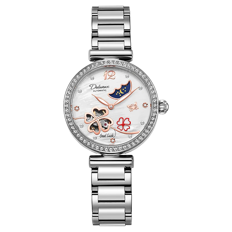 Dulunwe Lucky Four-Leaf Clover Automatic Women's Mechanical Watch with Natural Luxury Mother-of-Pearl Ceramic Surface