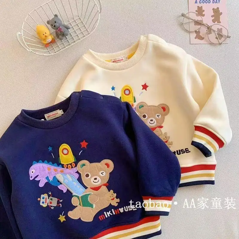 Autumn Winter Fleece Lined Dinosaur Bear Cartoon Print Boys Hoodie  Velvet Baby Clothes Miki Japanese Style Children...
