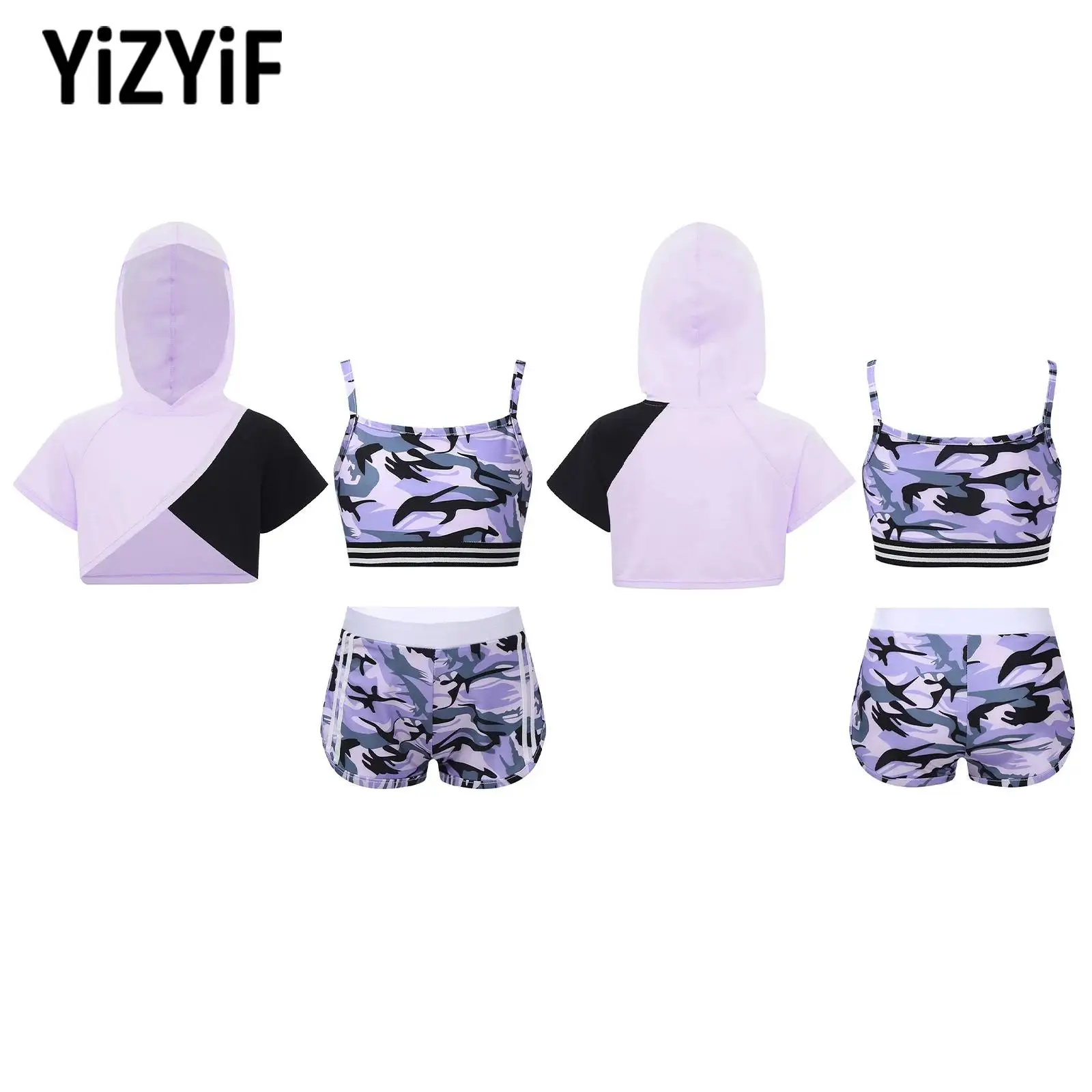 

Kids Girls Three Piece Stylish Sports Outfit Tracksuits Short Sleeves Hooded Crop Top with Camouflage Print Vest And Shorts Sets