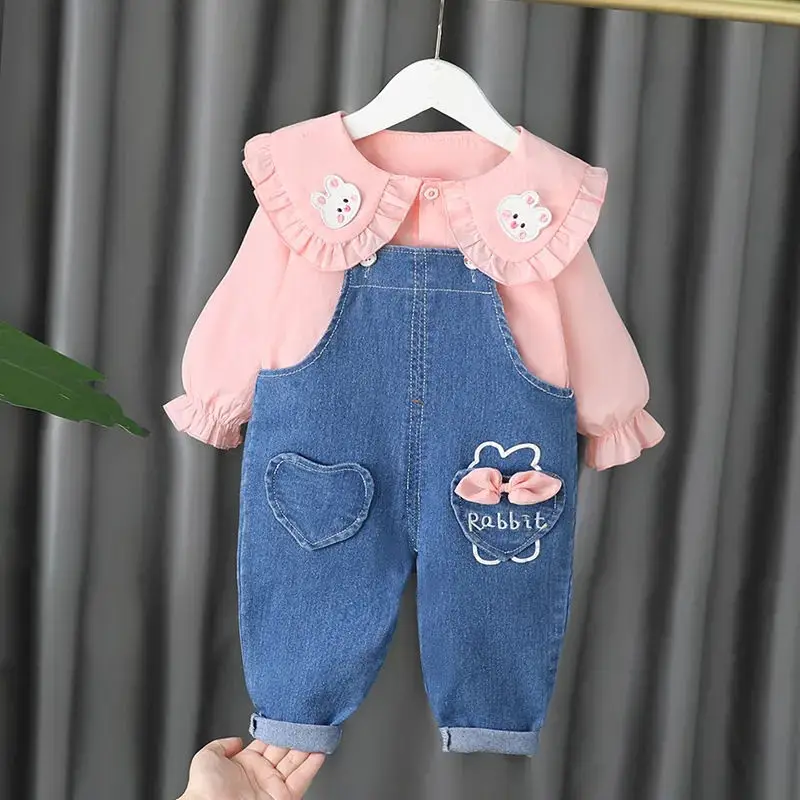 Cute Spring Autumn Children Cotton Clothes Baby Girls Suit fot cute top+ denim Pants 2Pcs/sets Out Kid Fashion Clothing sets