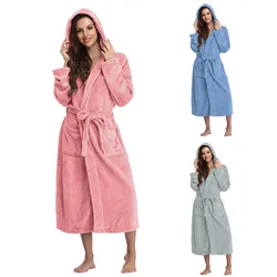 New Autumn Solid Hooded Robe Bathrobe Women Winter Warm Plush Lightweight Soft Nightgown Robes Female Casual Home Dressing Gowns