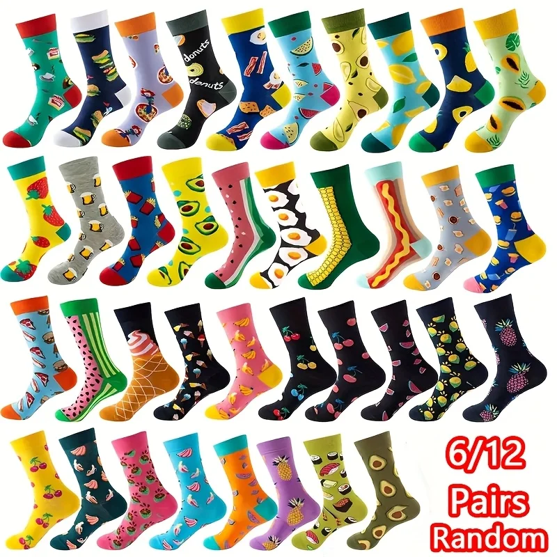 

6/12 двойных случайных мужских и женских модных средних носков с фруктовым и растительным узором, доступных на весну, лето, осень, зиму