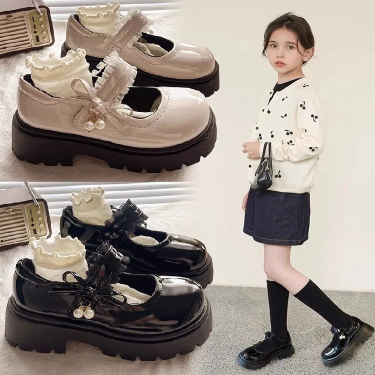 

PU Leather Girls Black School Shoes Princess Soft Kids Flats Mary Janes for Wedding Party with Pearl Pendant Sweet Bright Skin