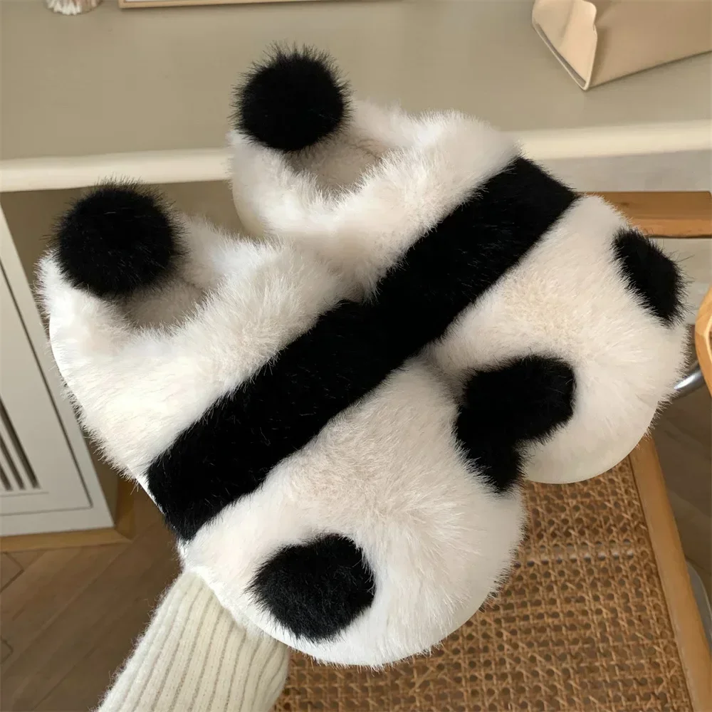 Pantuflas de Panda de Interior para mujer, zapatos planos y peludos de algodón con dibujos animados, cálidos, antideslizantes, Invierno