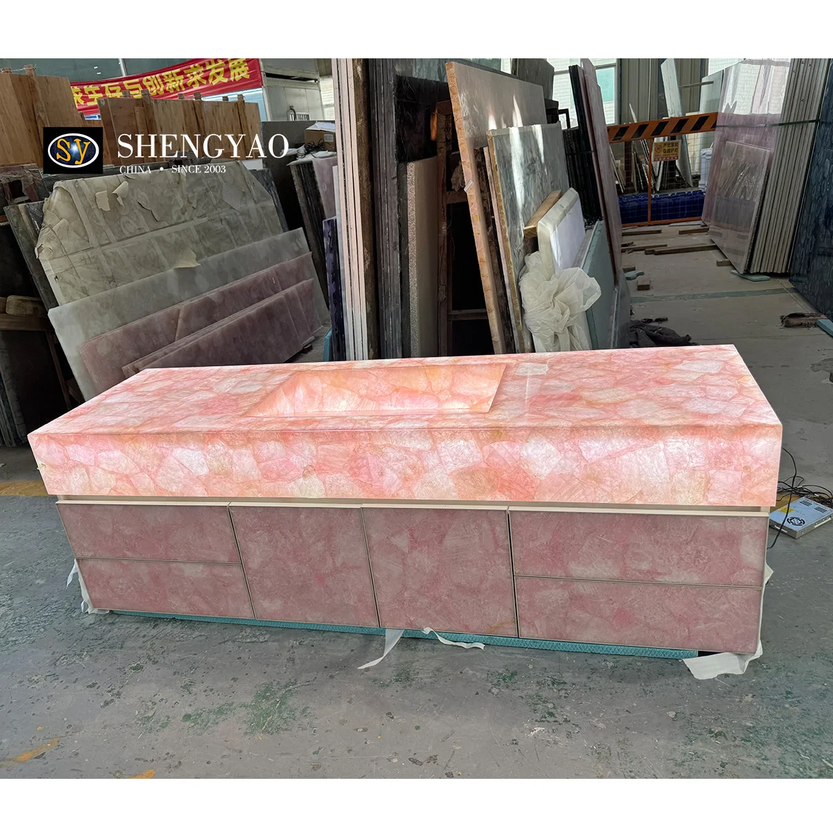 Custom Backlit Natural Solid Pink Onyx Crystal Rose Quartz Translucent Stone Vanity Top And Sink For Luxury Bathroom