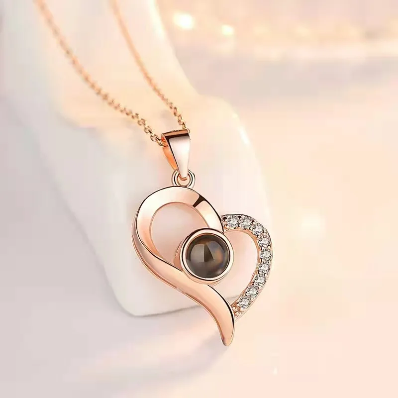 100 Languages I Love You Projection Heart Necklace With Rotating Rose Gift Box 2023 Hot Jewelry Set For Women Christmas Gifts