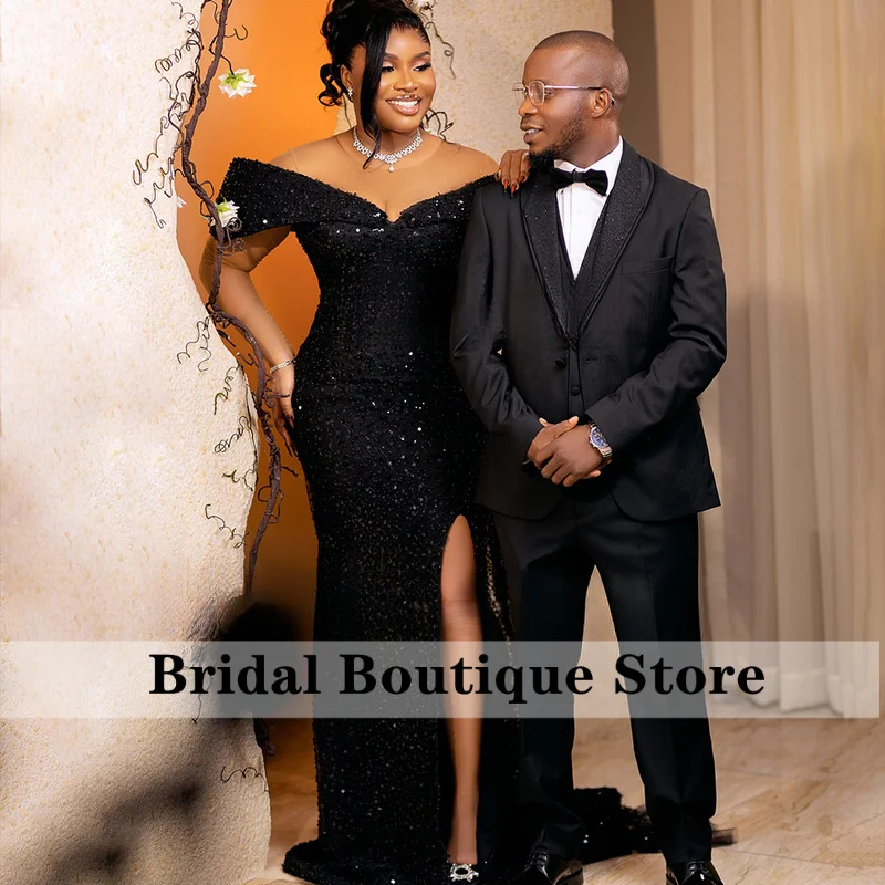 Elegant Sequin Prom Dresses 2025 Off Shoulder Side Slit Mermaid Evening Party Gown Customized Sleeveless vestidos largos fiesta