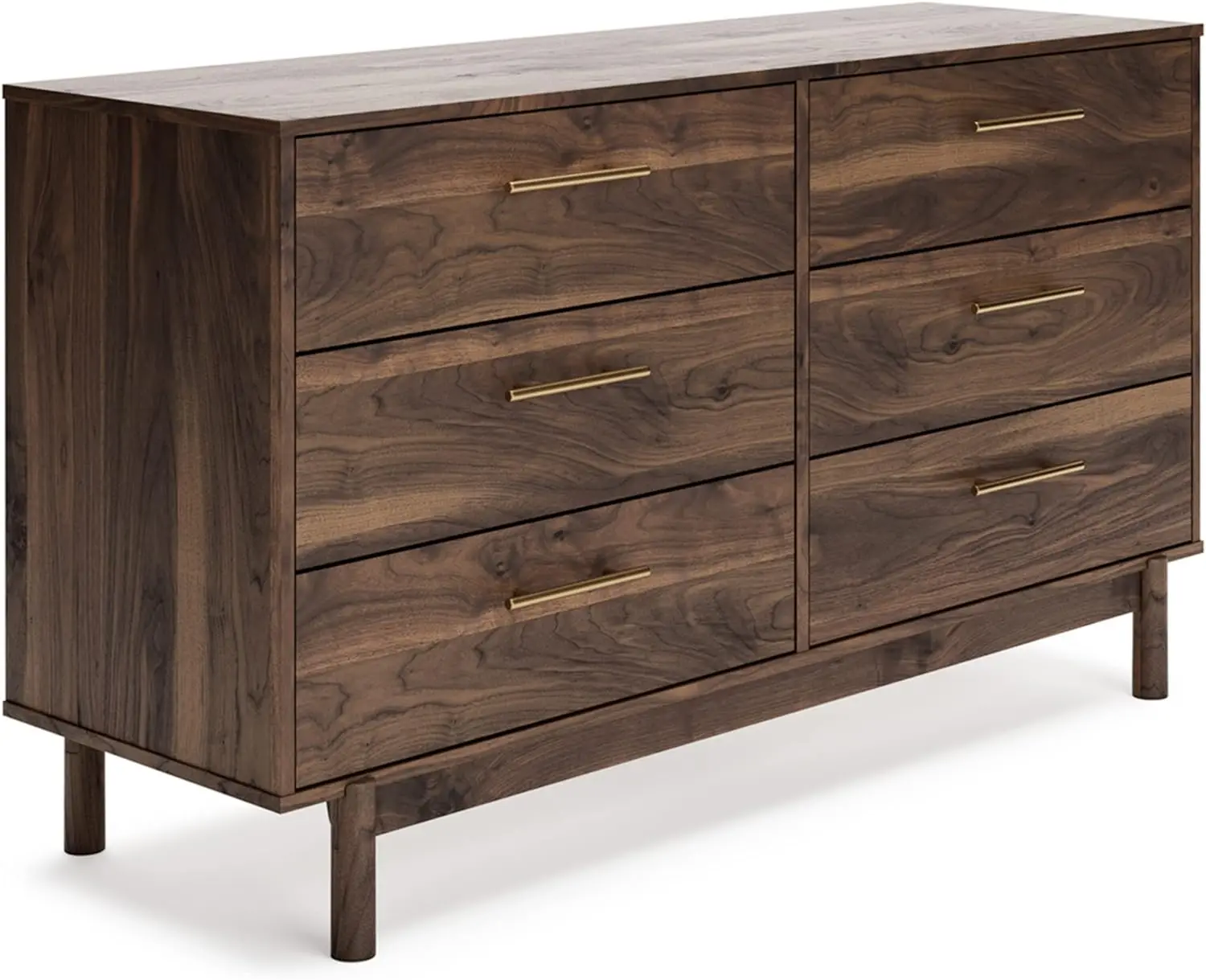 

Contemporary 6 Drawer Dresser with Burnished Goldtone Pulls Dark Brown Made of engineered wood with replicated walnut