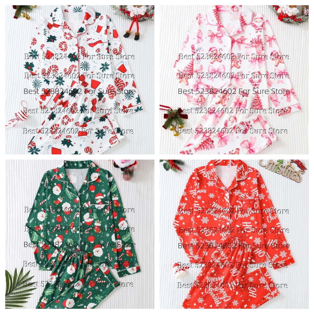 Ladies Christmas Print Loungewear Set Lapel Collar Button Long Sleeve Top Long Pants Santa Snowflake Pattern Soft Sleepwear Suit