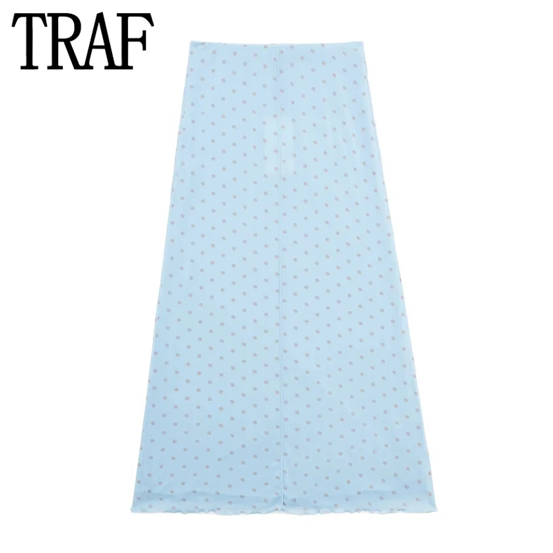 

TRAF Blue Tulle Skirt Woman Polka Dot Mesh Long Skirts For Women 2024 Mid-Waist Midi Beach Summer Skirt Women's Elegant Skirts