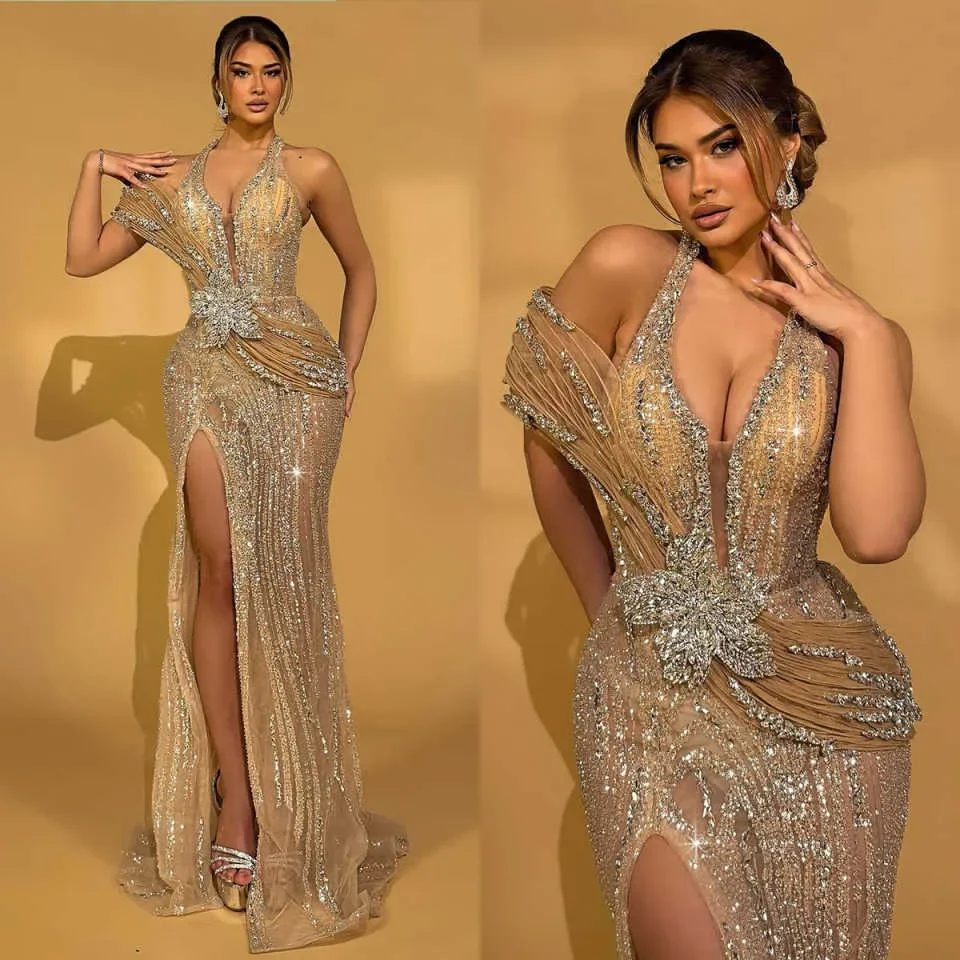 

Glitter Side Slit Prom Dresses Luxury Sequined Crystal Evening Dress Floor Length Applique Celebrity Party Gown Customized