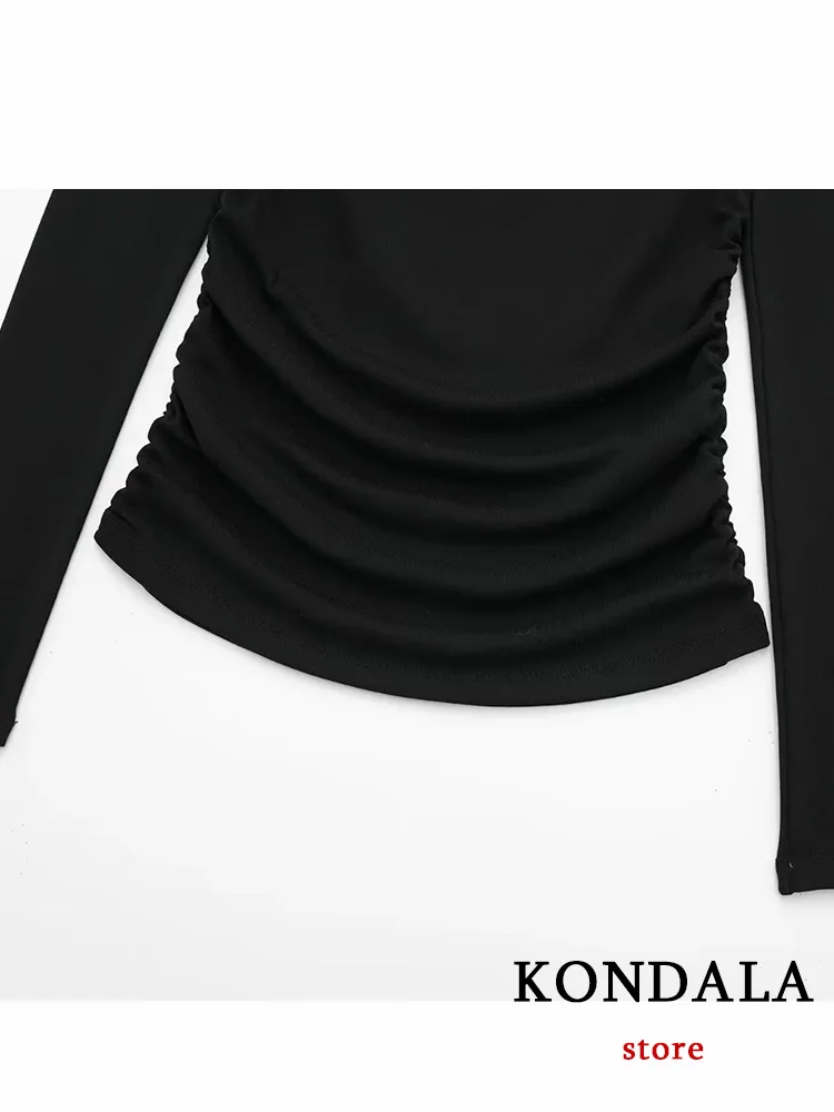 KONDALA Vintage Chic Women Solid Tops Skew Collar Long Sleeve Folds Slim T-Shirt Fashion 2024 Autumn Winter Holiday Sheath Tops