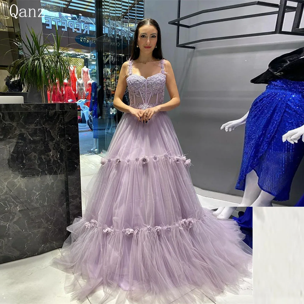 

Qanz Purple Princess Luxury Evening Dresses For Women 2023 Lace Appliques Tulle Ball Gown Spaghetti Straps Long Formal Occasion