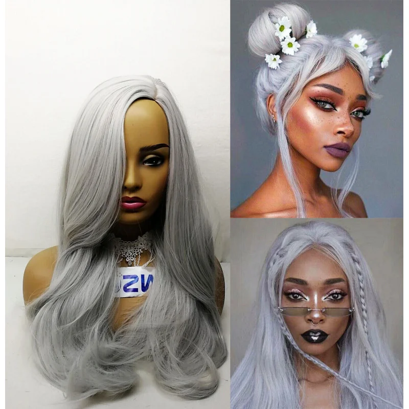 Silver Grey Wig Long Natural Wave Hair Anime Cosplay HalloweenFull Wigs New US view 2