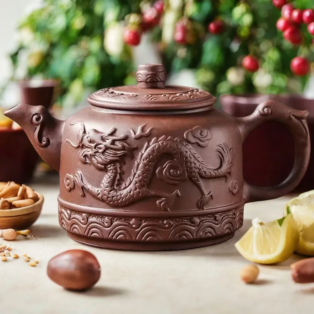 Large Capacity Handmade Dragon Phoenix Yixing Purple Sand Ceramic Tea Pot - Household Kung Fu Tea Set 600ml - Exquisite Chinese 