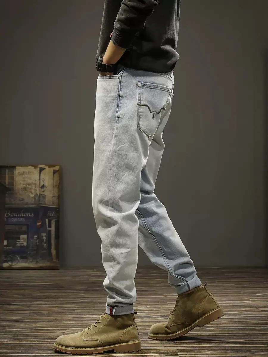 Korean Style Fashion Men Jeans Retro Light Blue High Quality Stretch Slim Ripped Jeans Men Vintage Designer Denim Pants Hombre