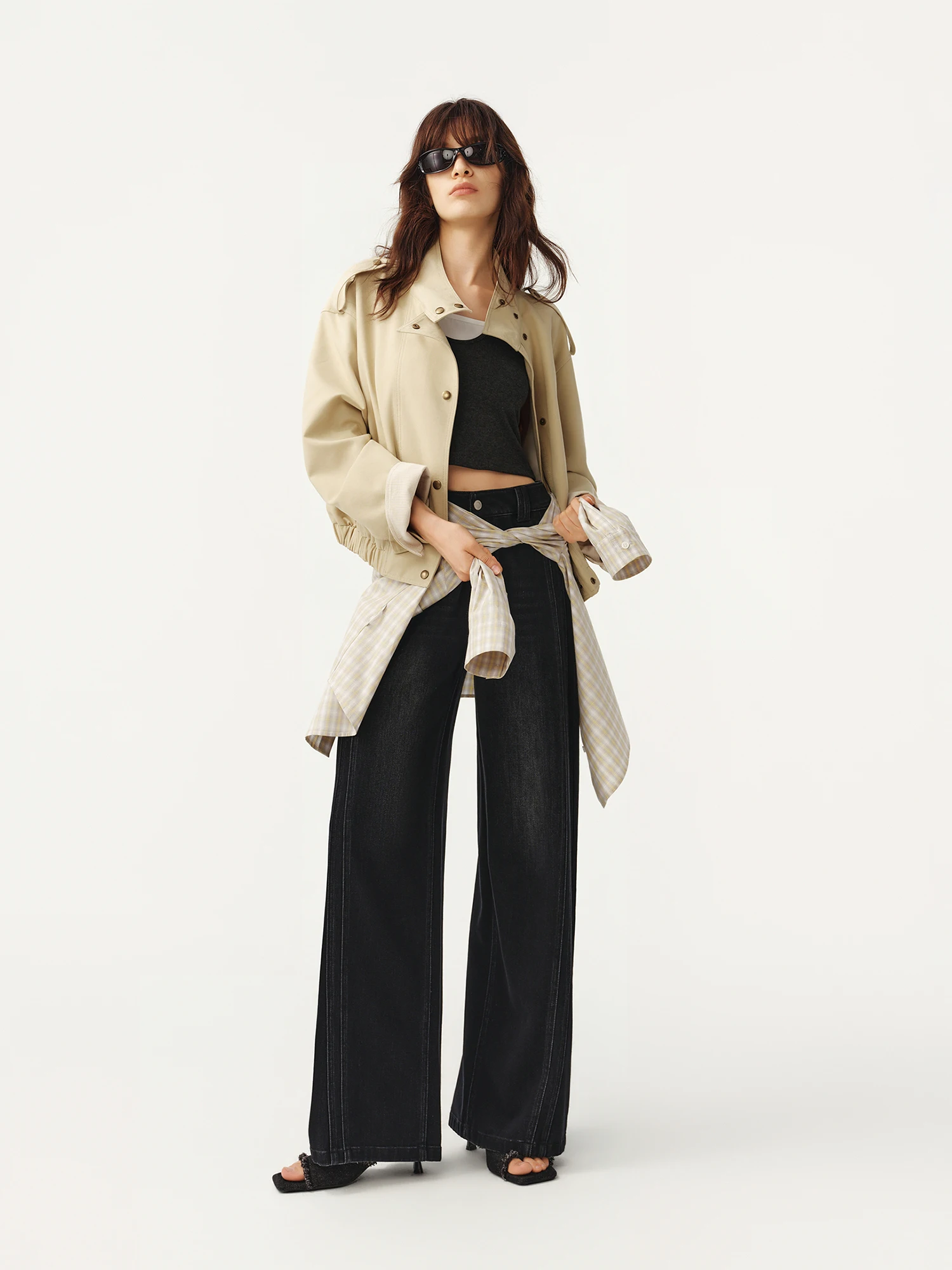 ZIQIAO Ripped Twill Wide-Leg Jeans for Women 2026 Autumn New Style Long Pants Elastic Breathable Home Commuting
