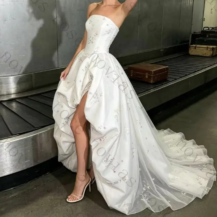 Customized Strapless Printed Front High and Back Low Wedding Dresses for The 2026 Tight and Unique Fluffy Princess Bridal Gown